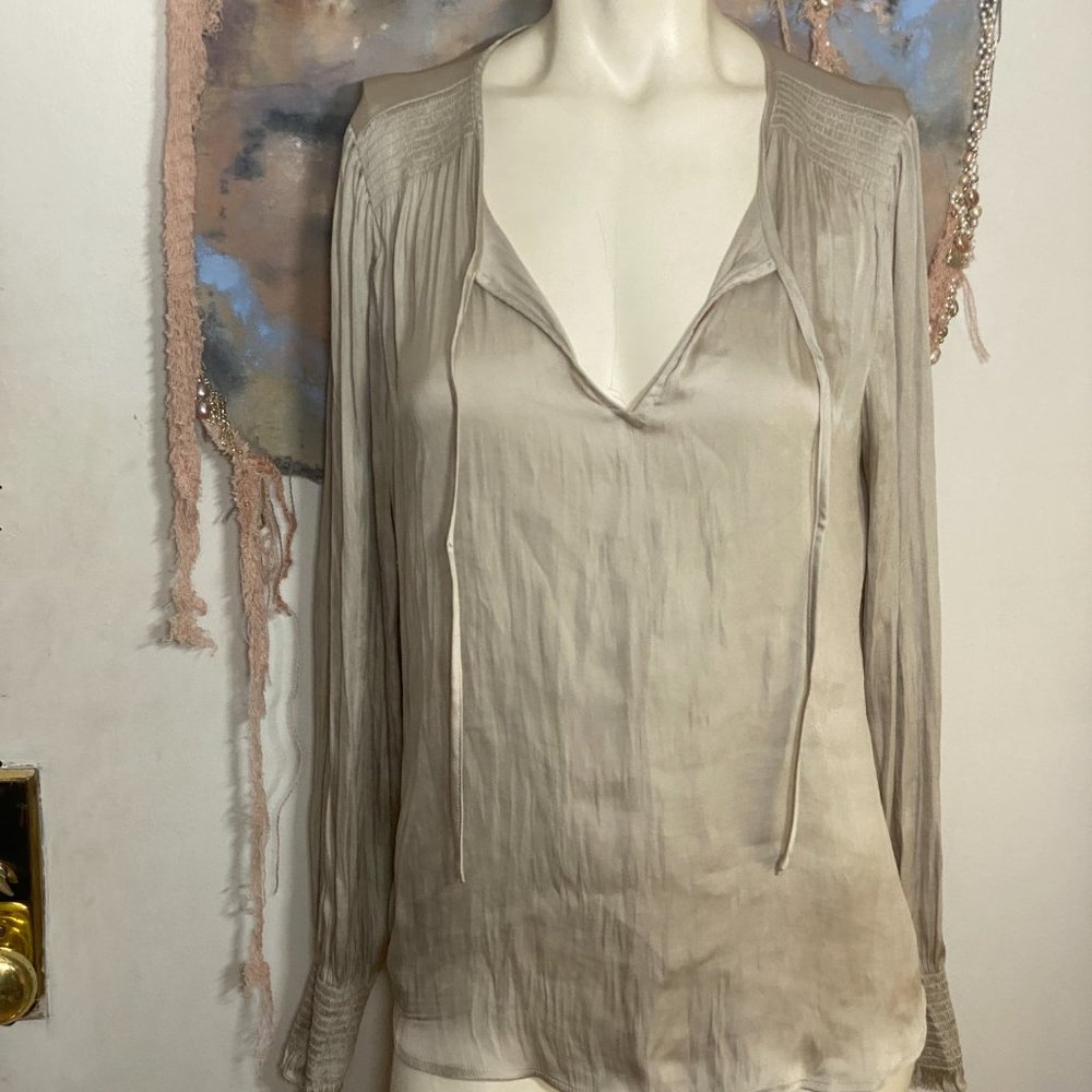 Banana Republic off-white satin sheen blouse with shirring detail and a tie neck